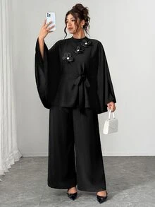 SHEIN LUNE CURVE Plus Size Women's Fashion Casual Loose Daily All-Match Versatile Floral Accent Jacket & Wide Leg Pants Black 2 Pieces Set Fall - Black - View 4
