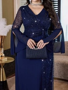 Modelyn Plus Size Women's V-Neck Mesh Patchwork Casual Daily Summer Dress - Navy Blue - View 6