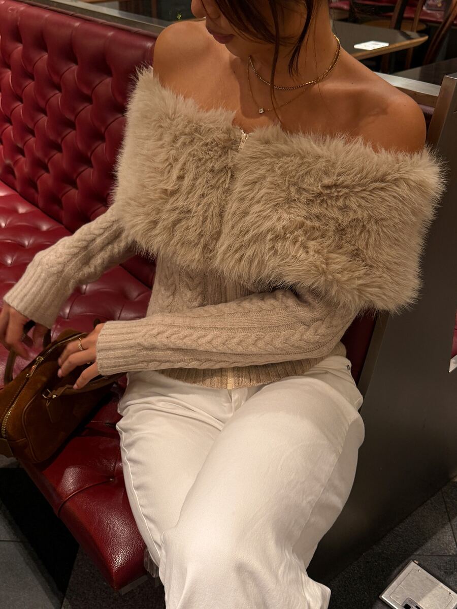 DAZY Women's Rope Trim Faux Fur Patchwork Off-Shoulder Knit Cardigan Fall - Khaki - View 1