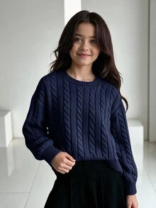 SHEIN Tween Girl Casual Solid Color Dropped Shoulder Loose Textured Knit Cropped Sweater, Autumn/Winter Kids - Blue - View 7
