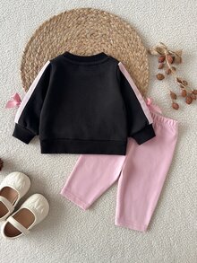 SHEIN 新生兒秋冬黑色圓領衛衣上衣，粉色蝴蝶結印花、粉色條紋袖口與粉色蝴蝶結，優雅風格，搭配粉色長褲，柔軟面料，適合室內外穿著 - 彩色 - 查看 2