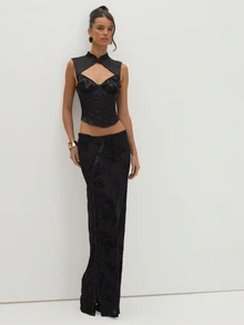 MUSEYN Black Satin Mandarin Collar Corset Top Versatile Evening Date Night Chic New Season Fall Party Elagant Halloween - Black - View 3
