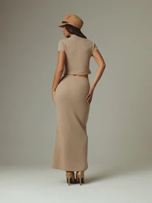MUSERA Beige Button Down Shorts Sleeve Top And Mid Rise Maxi Length Skirt Co Ord Sold As Set Autumn Winter - Khaki - View 5