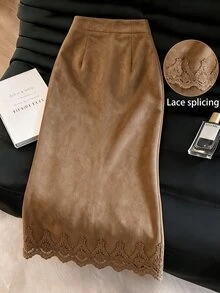 Muvela Women's Brown Suede Lace Skirt - Brown - View 2