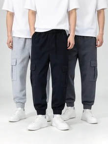 SHEIN Pojkar 3-pack cargojoggingbyxor i svart, grått och flerfärgat, lösa byxor med elastisk midja och flera fickor, för höststil och skoloutfits - Multifärgad - Visa 5