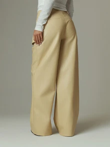 MUSERA Cream PU Leather Layered Detail Straight Leg Trouser Pants Fall Autumn Winter Casual Style Outfits - Light Yellow - View 6