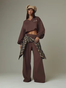 MUSERA Brown Low Waisted Graphic Detail Oversized Joggers Fall Autumn Winter Casual Style Outfits - Mocha Brown - View 1