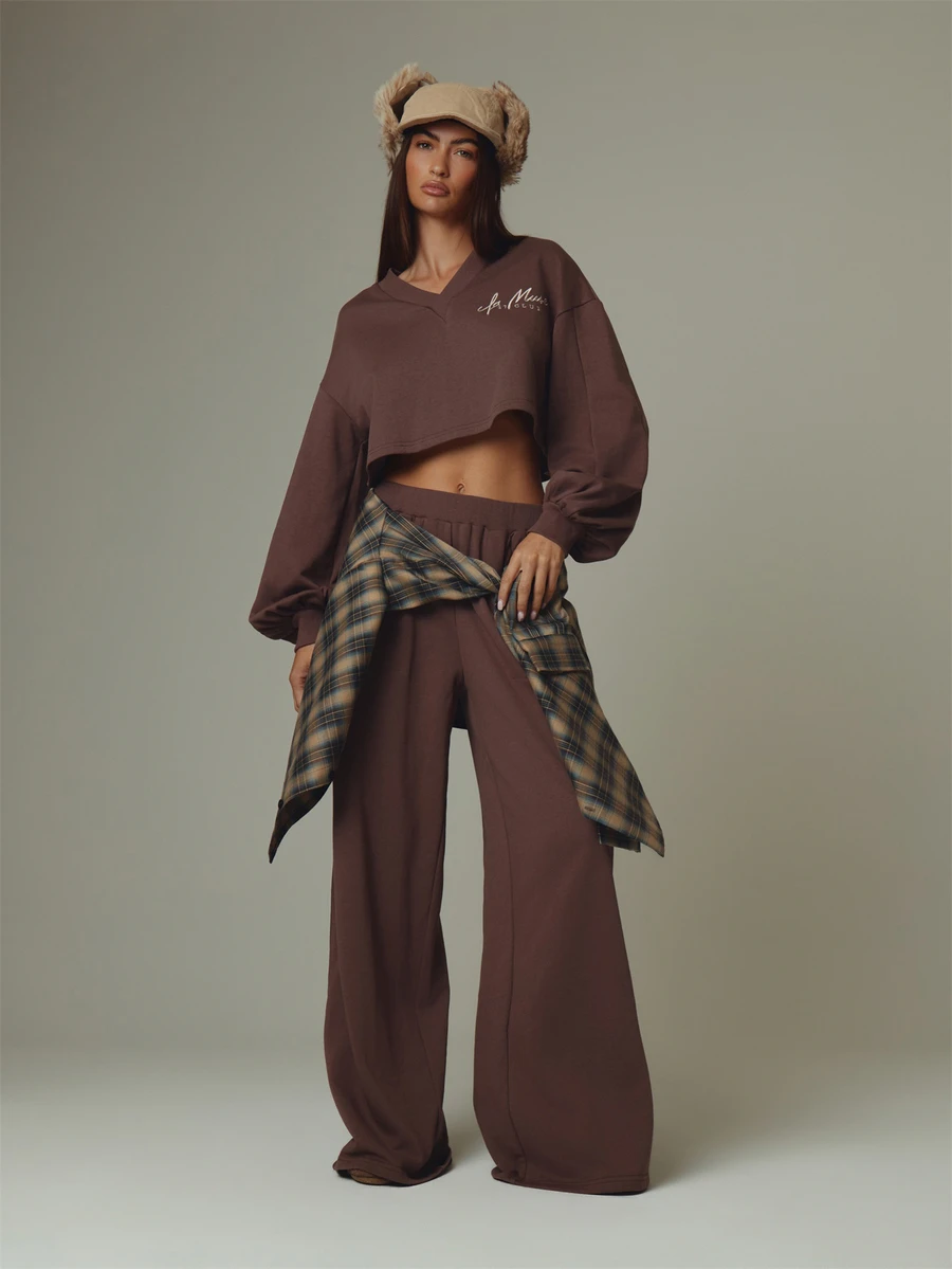 MUSERA Brown Low Waisted Graphic Detail Oversized Joggers Fall Autumn Winter Casual Style Outfits - Mocha Brown - View 1
