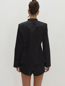MUSEYN Black Satin Jacquard Knot Fasten Structured Blazer Versatile Evening Date Night Chic New Season Fall Party Elagant Halloween - Black - View 5