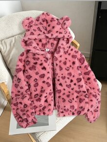 青少年女孩舒適毛絨豹紋長袖連帽夾克 - 粉色 - 查看 3