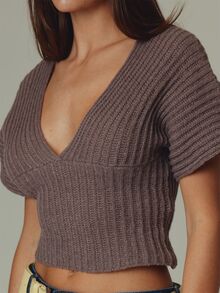 MUSERA Brown Knit Deep Plunge Short Sleeve Top Fall Autumn Winter Casual Style Outfits - Grey - View 4