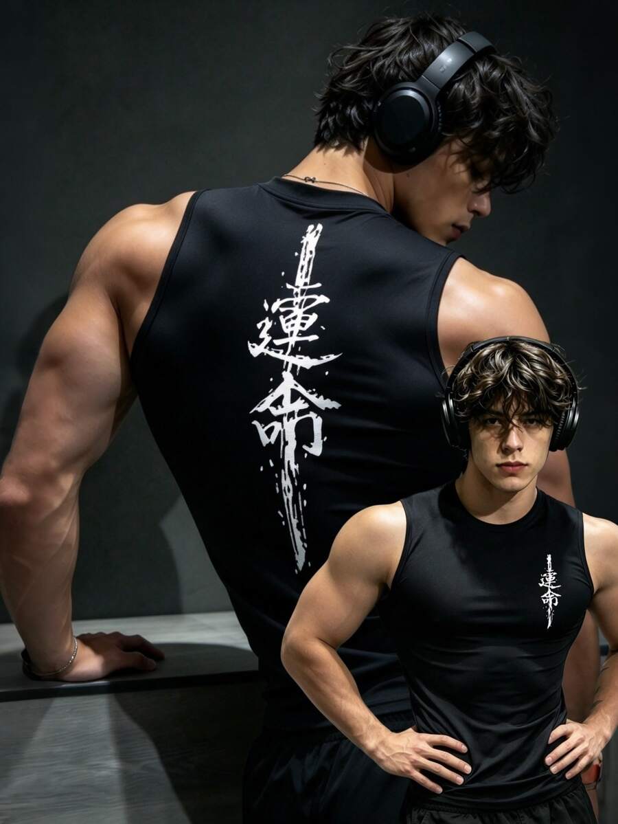 RISE LYT 男士文字印花圓領運動背心,適合健身 - 黑色 - 查看 1
