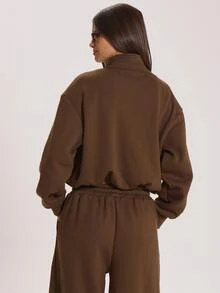 MUSERA High Funnel Neck Zip Through Embroidered Jumper Winter Fall Cute Everyday Coolgirl Mullburn Hill - Coffee Brown - View 4