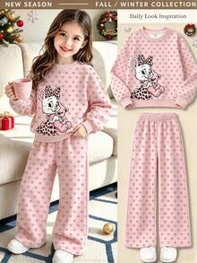 Young Girl Cute Heart Bunny Pullover Sweatshirt And Wide Leg Pants 2Pcs Outfit Set For Outing Wear Casual Christmas Halloween Clothes - Multicolor - View 1