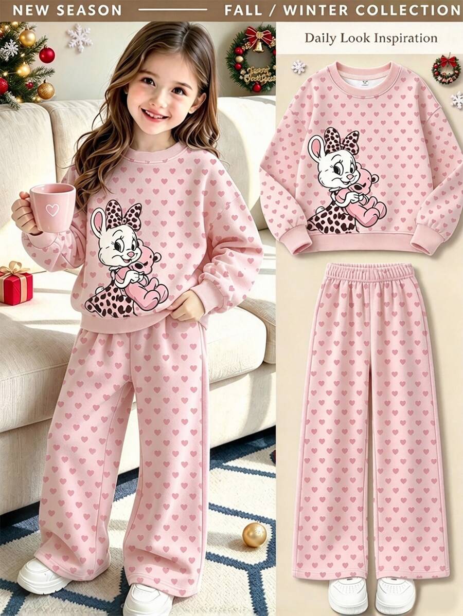 Young Girl Cute Heart Bunny Pullover Sweatshirt And Wide Leg Pants 2Pcs Outfit Set For Outing Wear Casual Christmas Halloween Clothes - Multicolor - View 1