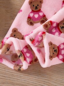 Girls Pink Plush Vertical Striped Bow & Heart Pattern Lapel Front Button Long Sleeve Pants Pajama Set, 2 Pieces Striped Soft Autumn/Winter - Pink - View 8