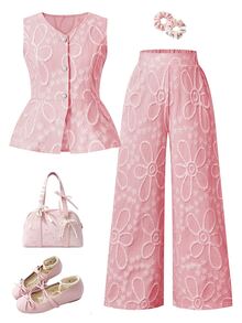 SHEIN Tween Girls 2pcs/Set : Blue Tank Top And Pants, Children's Casual Elegant White Glossy Jacquard Pearl Button Cardigan With Long Pants... - Pink - View 3