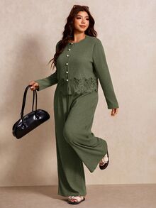 Elaquor 大尺碼女款蕾絲拼接長袖上衣與長褲休閒日常兩件套，秋冬優雅辦公商務工作套裝 - 軍綠色 - 查看 3