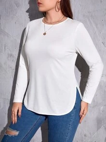 SHEIN Essnce 大尺碼女款春夏/秋冬時尚休閒彈性舒適日常百搭顯瘦長袖黑色T恤，秋季穿搭 - 白色 - 查看 3