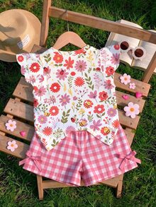 Young Girl 1 Pc Ditsy Floral Ladybug Print Ruffle Sleeve Top Summer Holiday Outfits - Pink - View 2