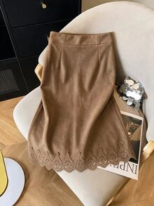 Muvela Women's Brown Suede Lace Skirt - Brown - View 6