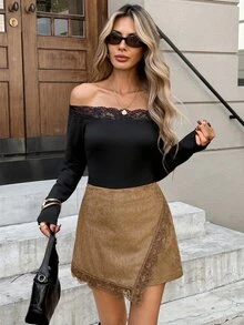 Serisse Váy quần thời trang nữ màu trơn phối ren tương phản gấu bất đối xứng - màu nâu - Xem 4