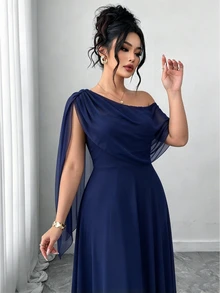 Elenzga 法式復古優雅時尚休閒不對稱單肩領口蝴蝶結酒紅色洋裝 - 藏蓝色 - 查看 6