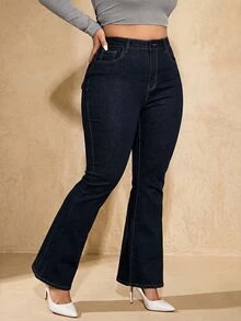 SHEIN EZwear 大尺碼女款高腰口袋休閒喇叭牛仔褲 - 藏蓝色 - 查看 7