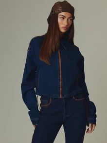 MUSERA Blue Contrast Detail Denim Long Sleeve Zip Up Jacket Fall Autumn Winter Casual Style Outfits - Blue - View 2