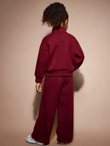 SHEIN Sparklyn 女童與幼兒 2 件式運動套裝，櫻桃感溫布料，包含半拉鍊立領上衣與寬鬆長褲，幼兒園秋季款 - 酒紅色 - 查看 2