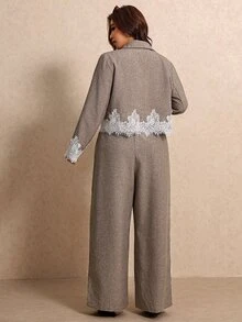 Elaquor Plus Size Women's Contrast Lace Lapel Neck Long Sleeve Jacket And Pants Elegant Suit Set - Khaki - View 3