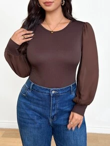 Shapeblank Women's Plus-Size Brown Long-Sleeve Bodysuit – Stylish, Stretchy, & Comfortable For Fall/Winter – Chiffon Panel Detail,Curve Clothes,Fall Outfits - Brown - View 4