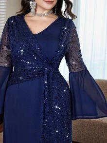 Modelyn Plus Size Women's V-Neck Mesh Patchwork Casual Daily Summer Dress - Navy Blue - View 4