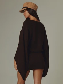 MUSERA Brown Drape Oversized Mini Dress Fall Autumn Winter Casual Style Outfits - Coffee Brown - View 6