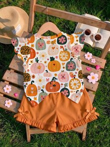 1pc Young Girl Cute All Over Pumpkin Floral Leopard Flutter Sleeve Round Neck Top ,For Spring/Summer,Thanksgiving Day - Multicolor - View 2