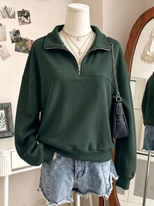 SHEIN 青少年女孩抓絨秋季休閒簡約拉鍊連帽衫，落肩設計，秋冬保暖舒適日常穿搭長袖上衣 - 墨綠色 - 查看 1