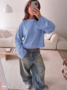 SHEIN EZwear 海外長袖淺藍色與海軍藍條紋上衣，秋季上衣，適合日常通勤、聚會、秋冬春夏、聖誕節、新年、感恩節、派對、婚禮、海灘、畢業典禮、優雅、外出、約會、通勤、情人節、優雅、度假、Y2K、畢業典禮及其他場合 - 彩色 - 查看 6