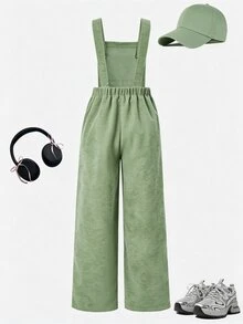 SHEIN Tween Girls Fleece Fall Clothes Autumn/Winter Ribbed Corduroy Adjustable Buckle Elastic Waist Jumpsuit, Suitable For Autumn/Winter, Daily Wear - Green - View 2