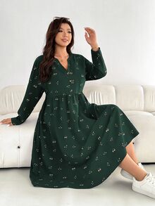 SHEIN Essnce 大尺碼女款蘋果型身材黑色花卉長袖中長洋裝，秋季休閒時尚可愛野餐度假風，寬鬆舒適秋季穿搭 - 墨綠色 - 查看 4