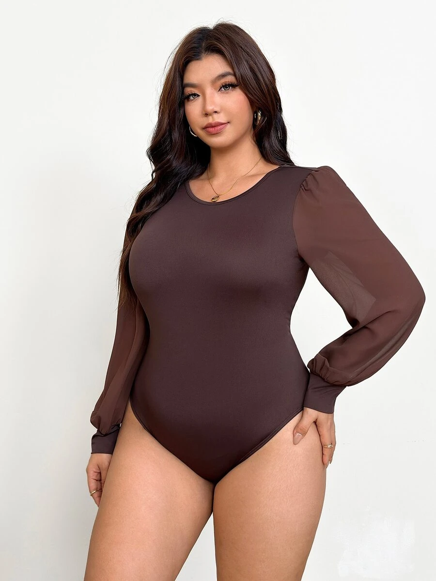 Shapeblank Women's Plus-Size Brown Long-Sleeve Bodysuit – Stylish, Stretchy, & Comfortable For Fall/Winter – Chiffon Panel Detail,Curve Clothes,Fall Outfits - Brown - View 1