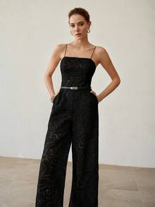 MOTF PREMIUM ARTISTIC ROSE TEXTURE SPAGHETTI STRAP FASHION ELEGANT WAIST-CINCHED SLIMMING HIGH-END WOMEN'S JUMPSUIT - Black - View 6