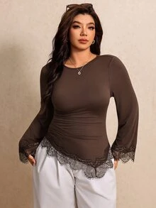 Elaquor Plus Size Women's Round Neck Long Sleeve Contrast Lace Asymmetric Hem Fitted Fashion T-Shirt - Coffee Brown - View 1