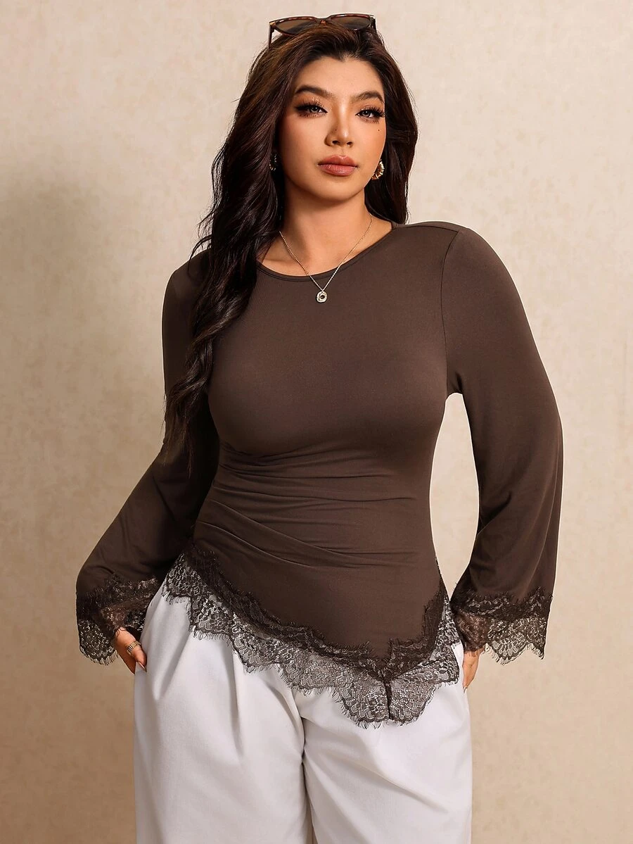 Elaquor Plus Size Women's Round Neck Long Sleeve Contrast Lace Asymmetric Hem Fitted Fashion T-Shirt - Coffee Brown - View 1