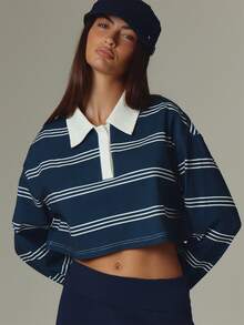 MUSERA Blue Stripe Contrast Cropped Long Sleeve Top Fall Autumn Winter Casual Style Outfits - Navy Blue - View 3