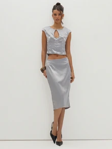MUSEYN Grey Satin Midi Skirt Versatile Evening Date Night Chic New Season Fall - Grey - View 1