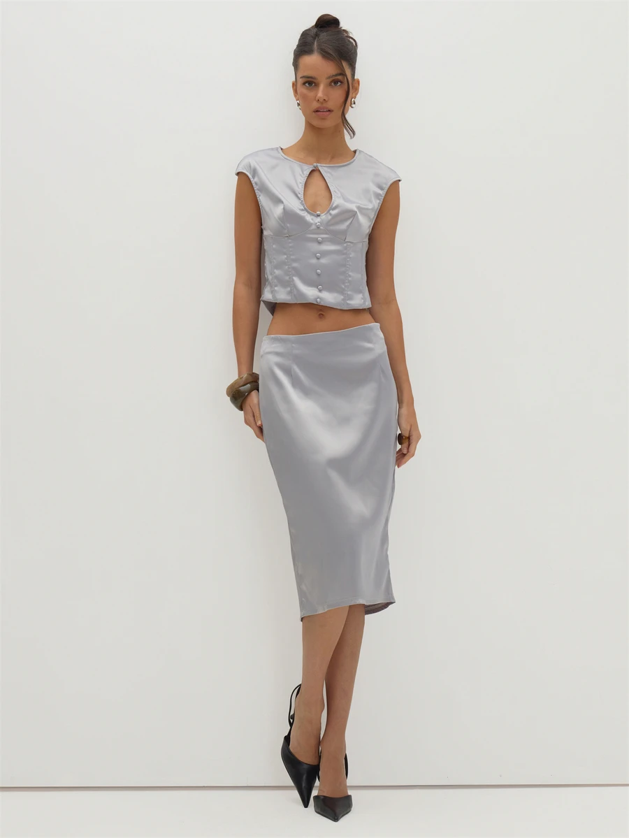 MUSEYN Grey Satin Midi Skirt Versatile Evening Date Night Chic New Season Fall - Grey - View 1