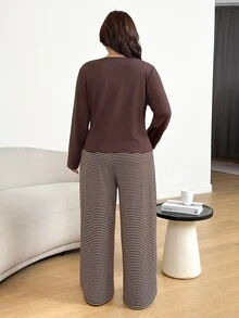 Shapeblank Women's Plus-Size Autumn/Winter 2 Pieces Set: Stylish, Casual, Stretchy, And Comfortable Brown Cardigan & Striped Wide-Leg Pants,Fall Outfits - Brown - View 4
