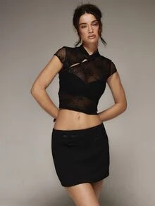 MUSERA Lace Frog Clasp Asymmetric Fitted Top Fall Cute Autumn Sexy Night Out Party Going Out Low Lights - Black - View 1