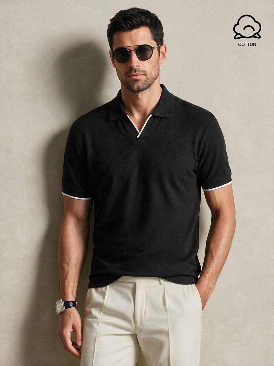 Lornavo Men's Contrast Color Casual Versatile Daily Wear Short Sleeve Polo Shirt - Black - View 1