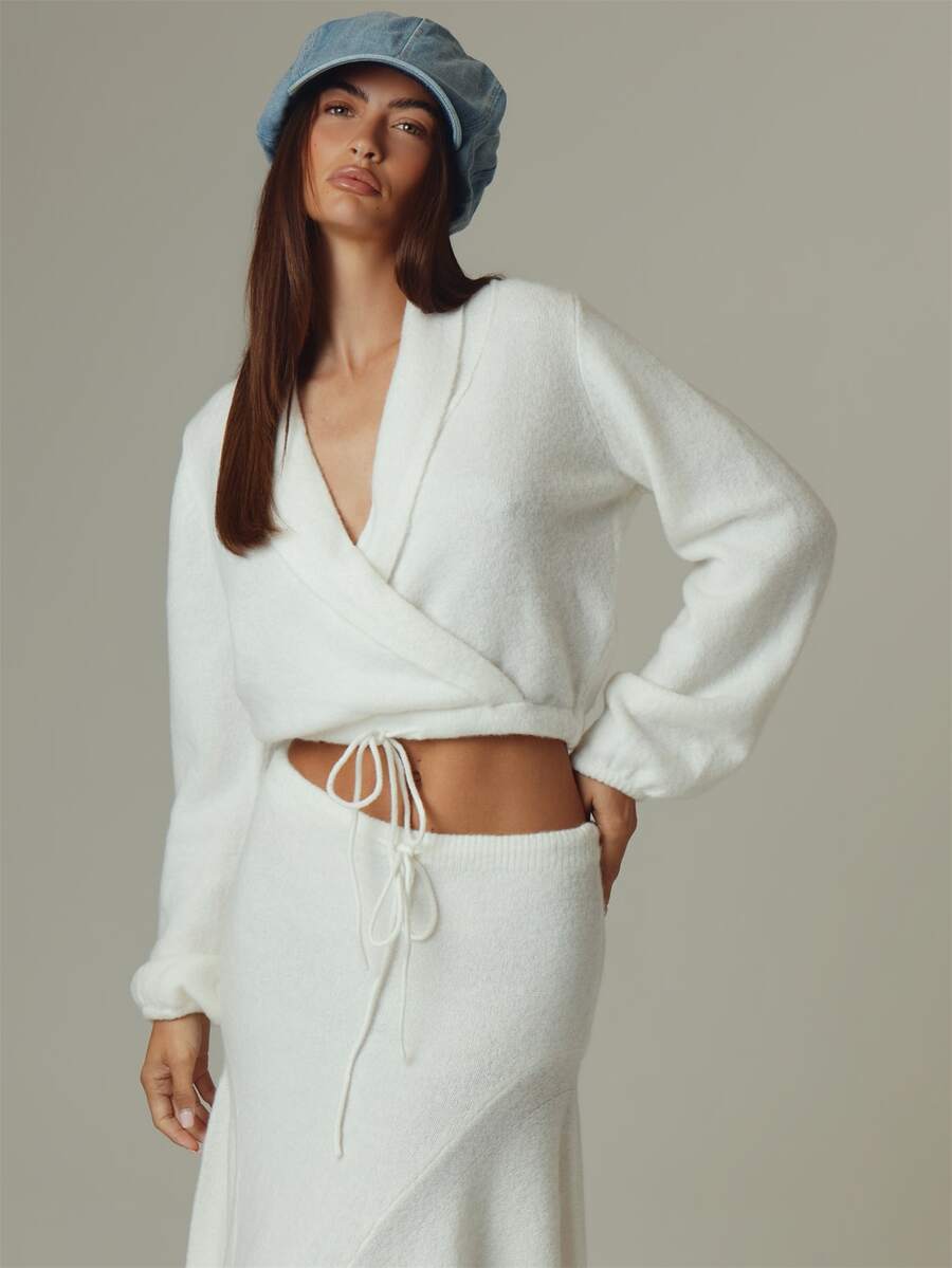 MUSERA White Cross Over Detail Neckline Long Sleeve Baggy Top Fall Autumn Winter Casual Style Outfits - Cream - View 1